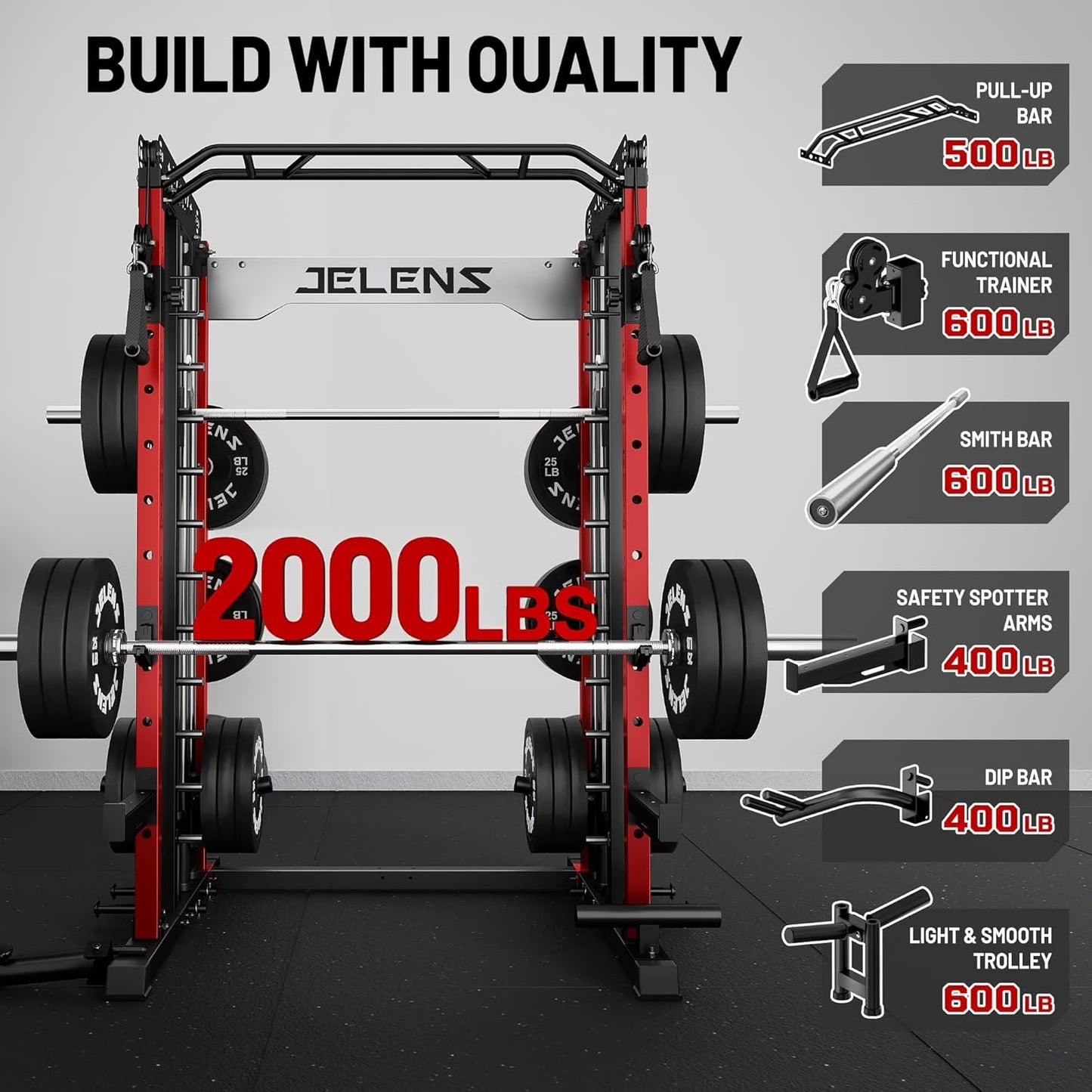 Smith Machine for Home Gym,2000Lbs Multi-Function Power Cage with Cable Crossover System, Squat Rack with Smith Bar and More Attachment
