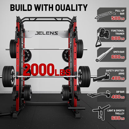 Smith Machine for Home Gym,2000Lbs Multi-Function Power Cage with Cable Crossover System, Squat Rack with Smith Bar and More Attachment