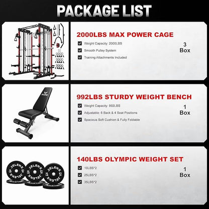 Smith Machine for Home Gym,2000Lbs Multi-Function Power Cage with Cable Crossover System, Squat Rack with Smith Bar and More Attachment