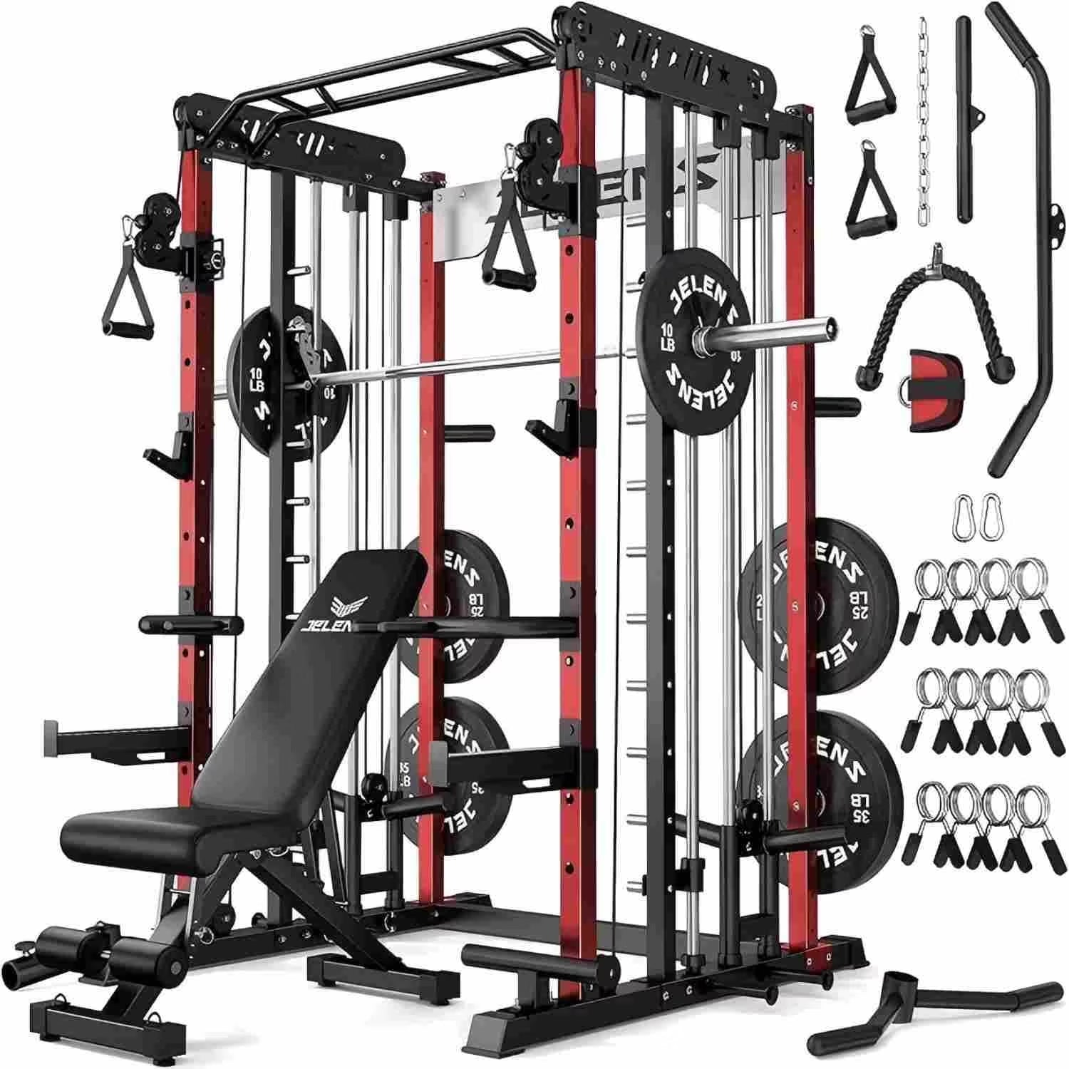 Smith Machine for Home Gym,2000Lbs Multi-Function Power Cage with Cable Crossover System, Squat Rack with Smith Bar and More Attachment