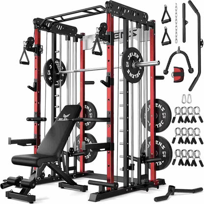 Smith Machine for Home Gym,2000Lbs Multi-Function Power Cage with Cable Crossover System, Squat Rack with Smith Bar and More Attachment