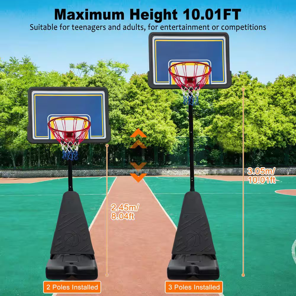 8-10 Ft. Adjustable Height Portable Basketball Hoop Basketball System with Blue Backboard, Basketball Hoop and Wheels