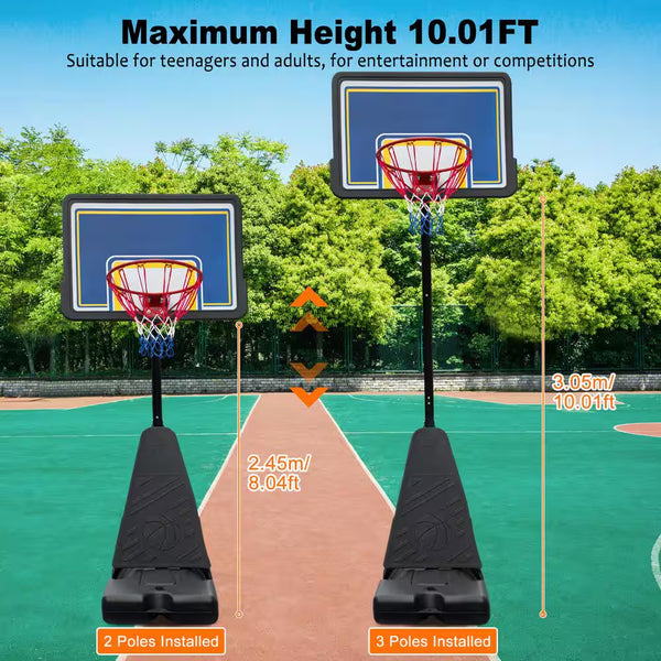 8-10 Ft. Adjustable Height Portable Basketball Hoop Basketball System with Blue Backboard, Basketball Hoop and Wheels