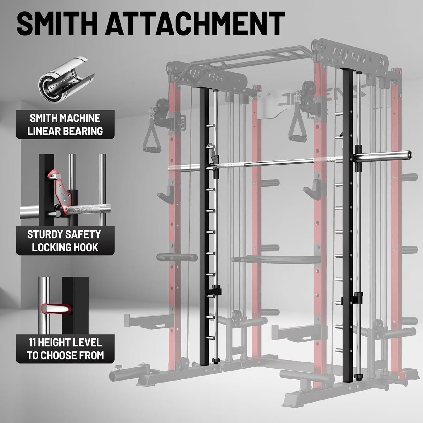 Smith Machine for Home Gym,2000Lbs Multi-Function Power Cage with Cable Crossover System, Squat Rack with Smith Bar and More Attachment