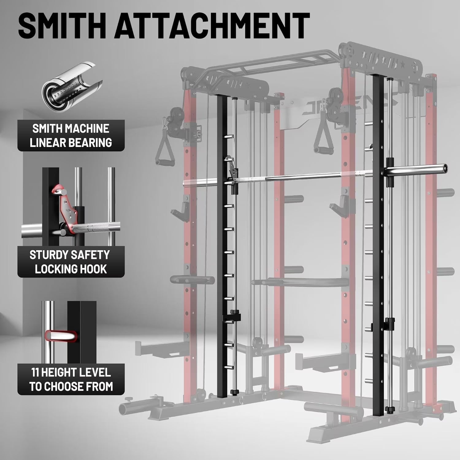Smith Machine for Home Gym,2000Lbs Multi-Function Power Cage with Cable Crossover System, Squat Rack with Smith Bar and More Attachment