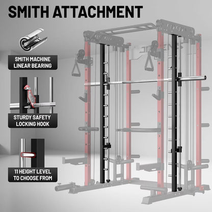 Smith Machine for Home Gym,2000Lbs Multi-Function Power Cage with Cable Crossover System, Squat Rack with Smith Bar and More Attachment