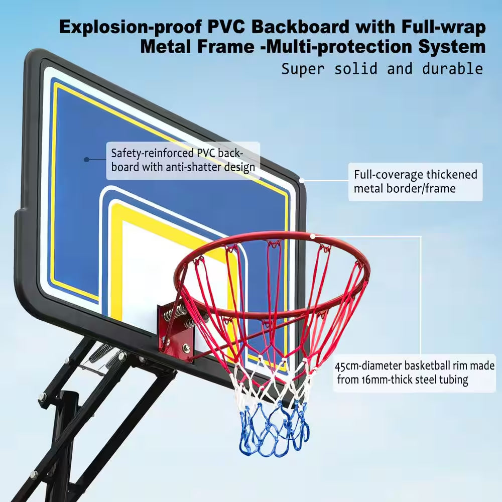 8-10 Ft. Adjustable Height Portable Basketball Hoop Basketball System with Blue Backboard, Basketball Hoop and Wheels
