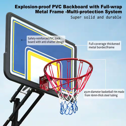 8-10 Ft. Adjustable Height Portable Basketball Hoop Basketball System with Blue Backboard, Basketball Hoop and Wheels