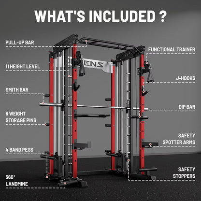 Smith Machine for Home Gym,2000Lbs Multi-Function Power Cage with Cable Crossover System, Squat Rack with Smith Bar and More Attachment